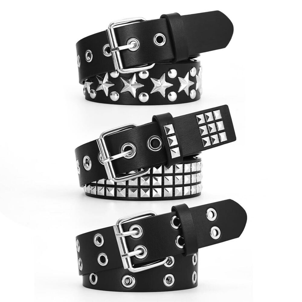 3150 3 Pcs Studded Belt Y2K Metal Goth Punk Rock Rivet Belt with Bright